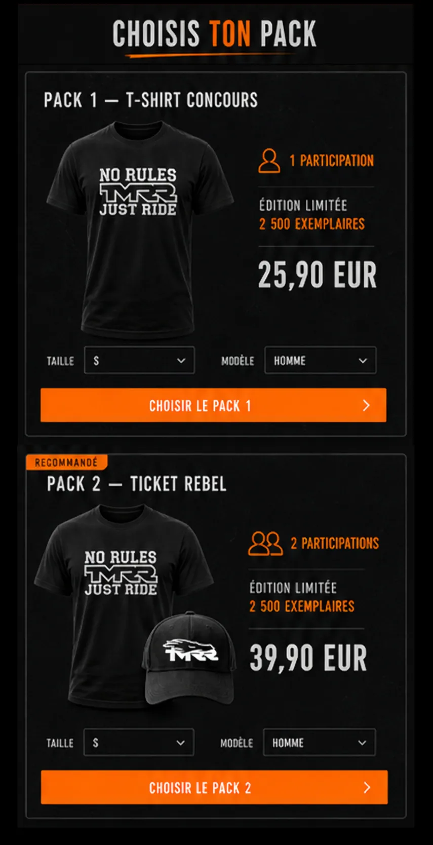 Pack 1 t-shirt concours et Pack 2 Ticket Rebel